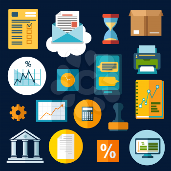 Business, financial and office flat icons with desktop computer, report, financial graphs, charts, smartphone, letter and delivery box, bank, rubber stamp, calculator, wall clock, hourglass, printer, 