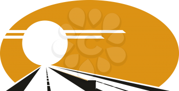Icon of highway at sunset with golden evening sky, sun over road and median barrier for transportation or travel design