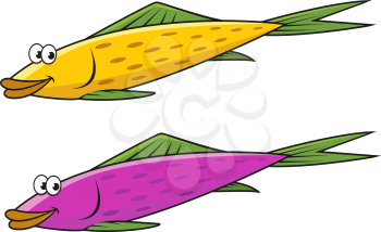 Funny cartoon yellow and violet fish characters with green fins and tails isolated on white background