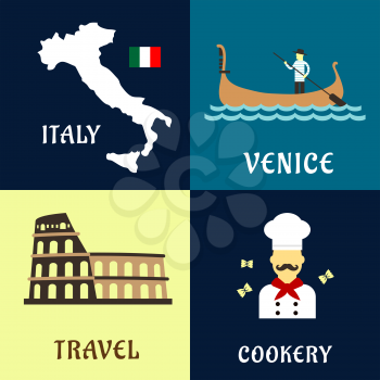 Traditional travel symbols of Italy with with map and flag, Colosseum amphitheater, venetian gondolier in gondola boat and italian cuisine chef with pasta. Flat style