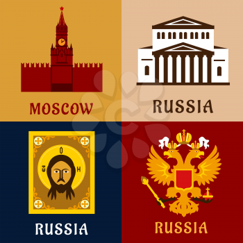 Cultural, historic and religion flat symbols of Russia with Moscow Kremlin tower, double-headed imperial eagle, orthodox icon of Jesus Christ and Grand Theater
