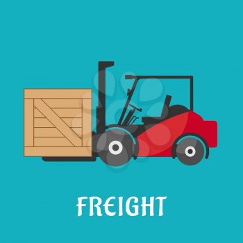 Freight delivery icon in flat style with red forklift truck and wooden container, for shipping theme design