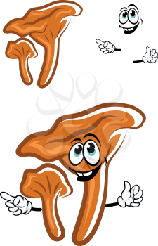 Joyful brown chanterelle mushroom cartoon character with fleshy stipe and happy face