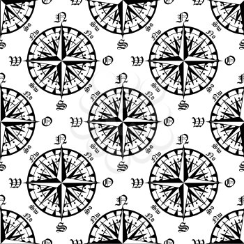 Medieval marine compass rose seamless pattern with intricate rays and direction marks, for travel theme design