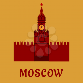 Moscow Kremlin wall with clock tower and ruby star flat landmark icon or symbol, for travel design