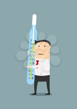 Worried businessman with huge mercury thermometer in hands measuring changes in the business climate, trying to protect his own business, cartoon flat style