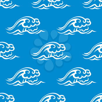 Stormy ocean waves seamless pattern with white waves on blue background,  for marine theme or textile design