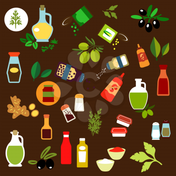Flat icons of olive fruits, ginger, corn and green pea cans, spicy herbs, olive oil, salt and pepper shakers, vinegar, ketchup, mustard, mayonnaise, tomato sauce bottles. For condiments, spices, herbs