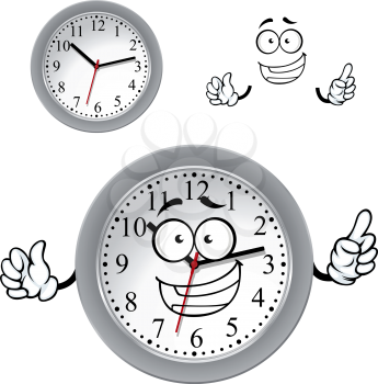 Smiling office wall clock cartoon character with gray plastic rim for time concept design