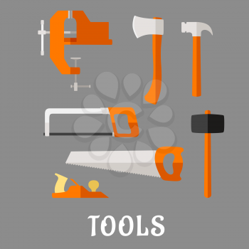 Carpenter and DIY tool flat icons with axe, hammer, hand saw, claw hammer, bench vice, jack plane and hacksaw with text Tools below, for industrial design