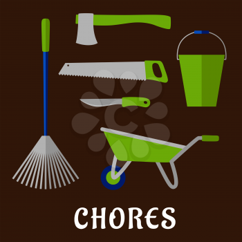 Gardening tools and chores flat icons with rake, bucket, wheelbarrow, hand saw, axe and knife