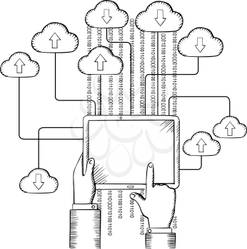 Tablet pc in people hands, connected to cloud data storage with data streams, download and upload process,  sketch style