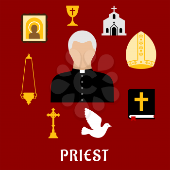 Priest profession with flat symbols of mature man, surrounded by the Bible, gold cross, bowl and candelabra, icon and church or temple, mitre and white dove
