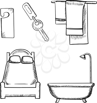Sketch of hotel service icons with key, door tag, comfortable bed, bath and set of towels isolated on white background 