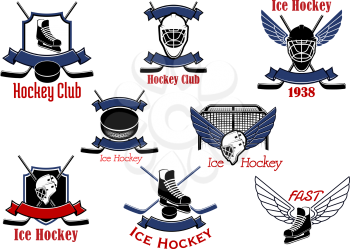 Ice hockey game icons and symbols with hockey sticks and pucks, gate, winged skates and goalie masks, supplemented by heraldic shields and ribbon banners 