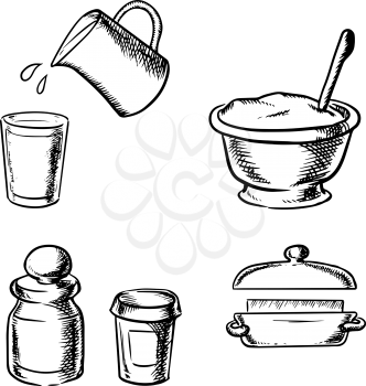 Dough in bowl with wooden spoon, butter, glass and jug with milk, jars with flour and spices. Bakery ingredients in sketch style