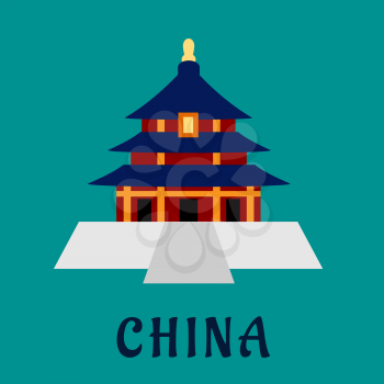 Ancient chinese Temple of Heaven with traditional pagoda tower on high base with blue roof, for travel design. Flat style