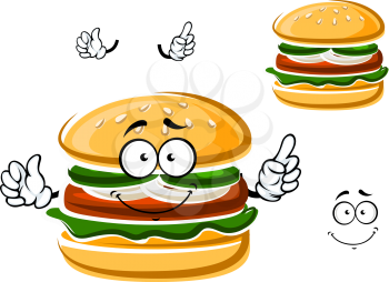 Funny hamburger cartoon character with beef patty, onion, cucumber and lettuce leaf on bun with sesame seeds. For fast food menu theme