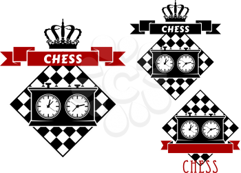 Chess game symbols with chess clocks on chessboard, supplemented by ribbon banners and royal crowns