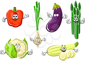 Happy cartoon organic red bell pepper, eggplant, green onion, zucchini, asparagus and cauliflower vegetable characters.  For vegetarian food theme design