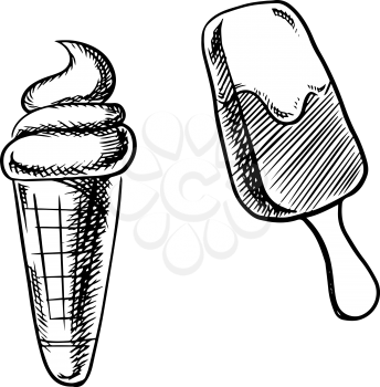 Chocolate ice cream stick and soft ice cream cone with vanilla flavor isolated on white background. Sketch of tasty dessert