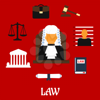 Judge profession flat icons with judge man in mantle and wig, encircled by law book, gavel, prisoner photo, court building, scales, paper scroll and briefcase with caption Law