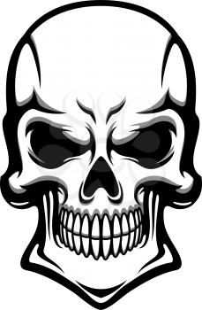 Angry human skull with eerie grin isolated on white background. For t-shirt or tattoo design, cartoon style 