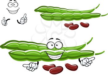 Cartoon fresh green bean pods character with brown beans and joyful smiling face, for healthy food or agriculture themes