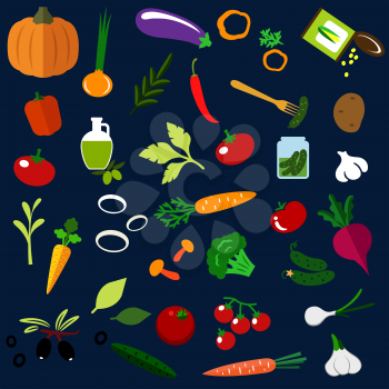 Healthy vegetables flat icons with fresh tomatoes, carrots, cucumbers, potato, peppers, onions, mushrooms, pumpkin, olive oil with fruits, garlics, pickles, sweet corn, eggplant and beet