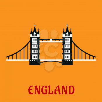 Travel landmark of Great Britain flat icon with the Tower Bridge over the Thames river in London, with caption England