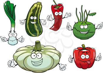 Healthy cartoon red bell and chilli peppers, green striped zucchini, onion, kohlrabi and white pattypan squash vegetable characters. For fresh vegetarian food or agriculture themes