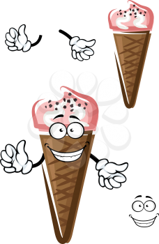 Cartoon strawberry ice cream character in chocolate waffle cone with chocolate chips, for dessert menu design
