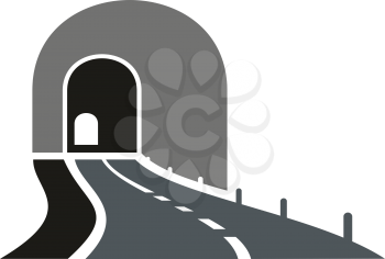Dark gray road tunnel abstract icon with speedy highway leading to underpass entrance, isolated on white background. For transportation theme