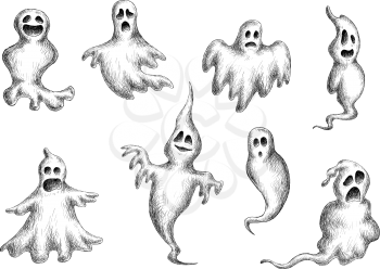 Halloween flying spooks and ghosts on white background, sketch style