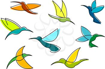 Bright hummingbirds in flight with colorful plumage in orange, blue and green flowing lines isolated on white background