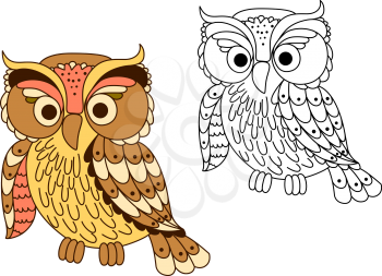 Funny cartoon owl in pastel colors with mottled plumage and big eyes in outline style. For education or Halloween party decoration design