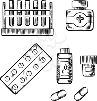 Test tube rack with blood tests, medical bottles with pills, drops and ointment, tablet in a blister pack and capsules isolated on white background. Sketch icons