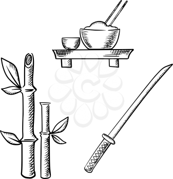 Rice in bowl with chopsticks and sake on floor table, bamboo stems with leaves and samurai katana sword isolated on white background. Sketch images for japanese culture and travel themes design