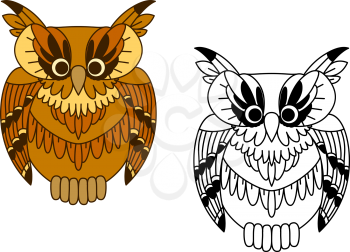 Little cartoon brown owlet, with colorful and outline owl birds. For Halloween or tattoo themes design