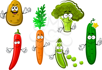 Cartoon carrot, potato, cucumber, pea, broccoli and chilli pepper vegetable characters with funny smiles. For healthy vegetarian food or agriculture design