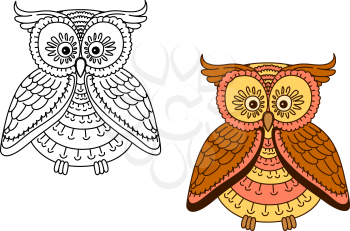 Cartoon pretty owl bird with coral and yellow striped body, with brown wings isolated on white background. Second variant in outline style