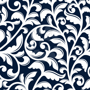 Ornamental white floral seamless pattern with delicate intertwined flourishes on blue background. For wallpaper or interior design