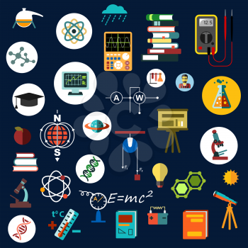 Physics science and technology flat icons with laboratory equipment, books, microscopes, electrical measuring instruments, computer, telescope, dna and atom models, formulas and circuits