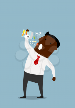 African american businessman taking colorful vitamins from a bottle, for disease prevention or healthy lifestyle concept design. Cartoon flat style 