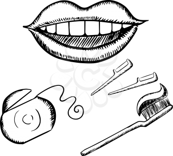 Healthy happy smile, toothbrush with toothpaste, dental floss in plastic box and floss wands, for dentistry concept design, sketch icons