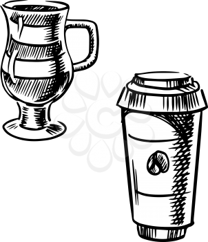 Takeaway coffee paper cup with lid and glass cup of mocha coffee, sketch style