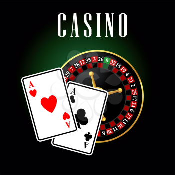 Casino symbol with ace cards over roulette on green with black background. For casino and gambling theme