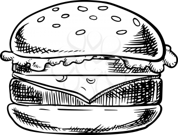 Fast food cheeseburger with grilled beef, slice of swiss cheese, fresh tomato and lettuce leaf on white wheat bun with sesame seeds isolated on white background. Sketch image