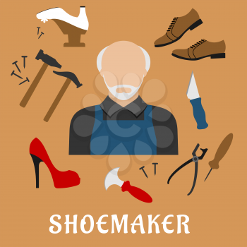 Shoemaker profession flat icons with mature man in apron, surrounded by shoes, hammers, tacks, awl, shoemaker knives, lasting pliers and wooden last isolated on background