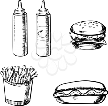 Fast food sketch with french fries in box, cheeseburger, hot dog, ketchup and mustard bottles isolated on white background
